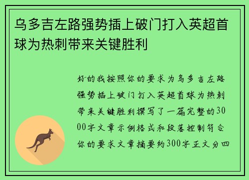 乌多吉左路强势插上破门打入英超首球为热刺带来关键胜利